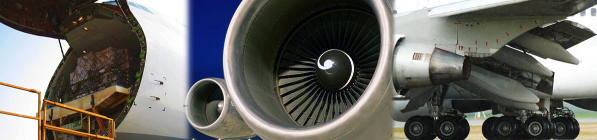Composite image featuring a close-up of an airplane's open cargo bay, an engine turbine, and landing gear.