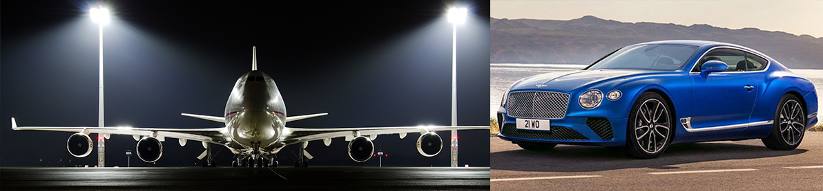 Split image showing a cargo airplane parked under lights at night on the left and a blue Bentley Continental GT parked outdoors on the right.