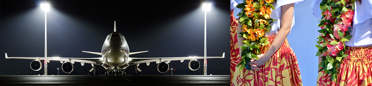 Split image showing a cargo airplane parked under lights at night on the left and close-up of traditional Hawaiian leis and skirts worn by dancers on the right.