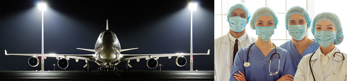 Split image showing a cargo airplane parked under lights at night on the left and a group of healthcare professionals in medical scrubs and masks on the right.