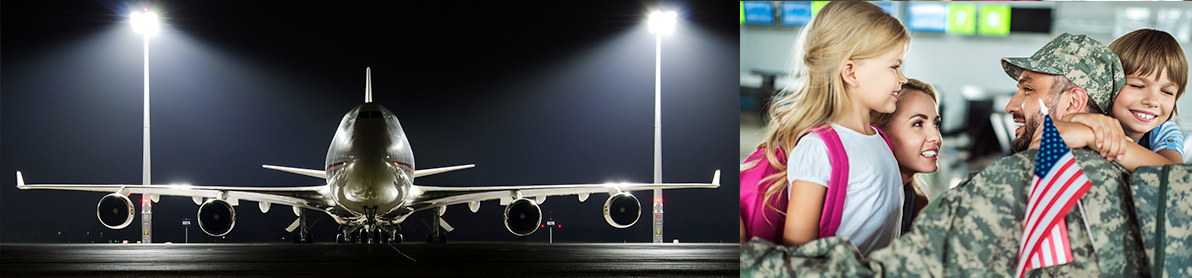 Split image showing a cargo airplane parked under lights at night on the left and a soldier in uniform reuniting with his family at an airport on the right.